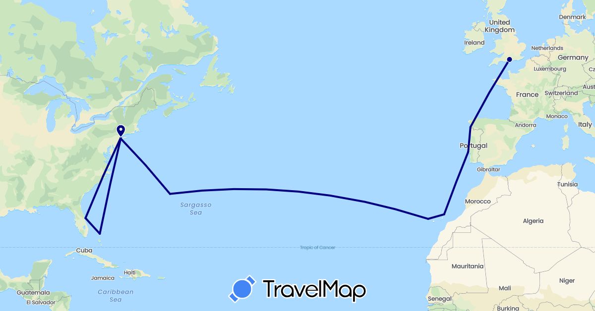 TravelMap itinerary: driving in Bermuda, Bahamas, Spain, United Kingdom, Portugal, United States (Europe, North America)